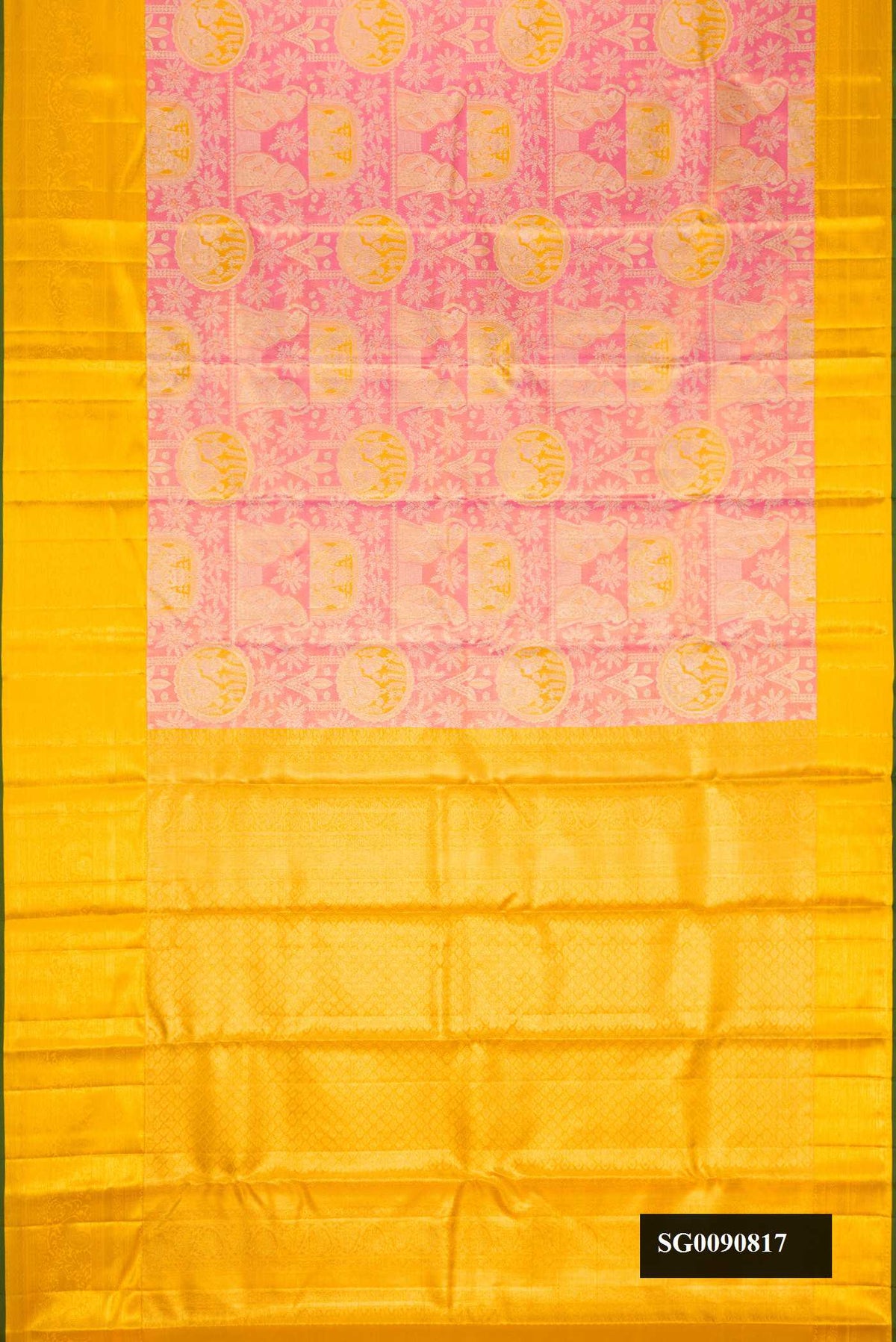 Pink Dual Tone Kanchipuram Tissue Silk Saree with Zari Brocade on the body and Zari Border.  displayed on a mannequin