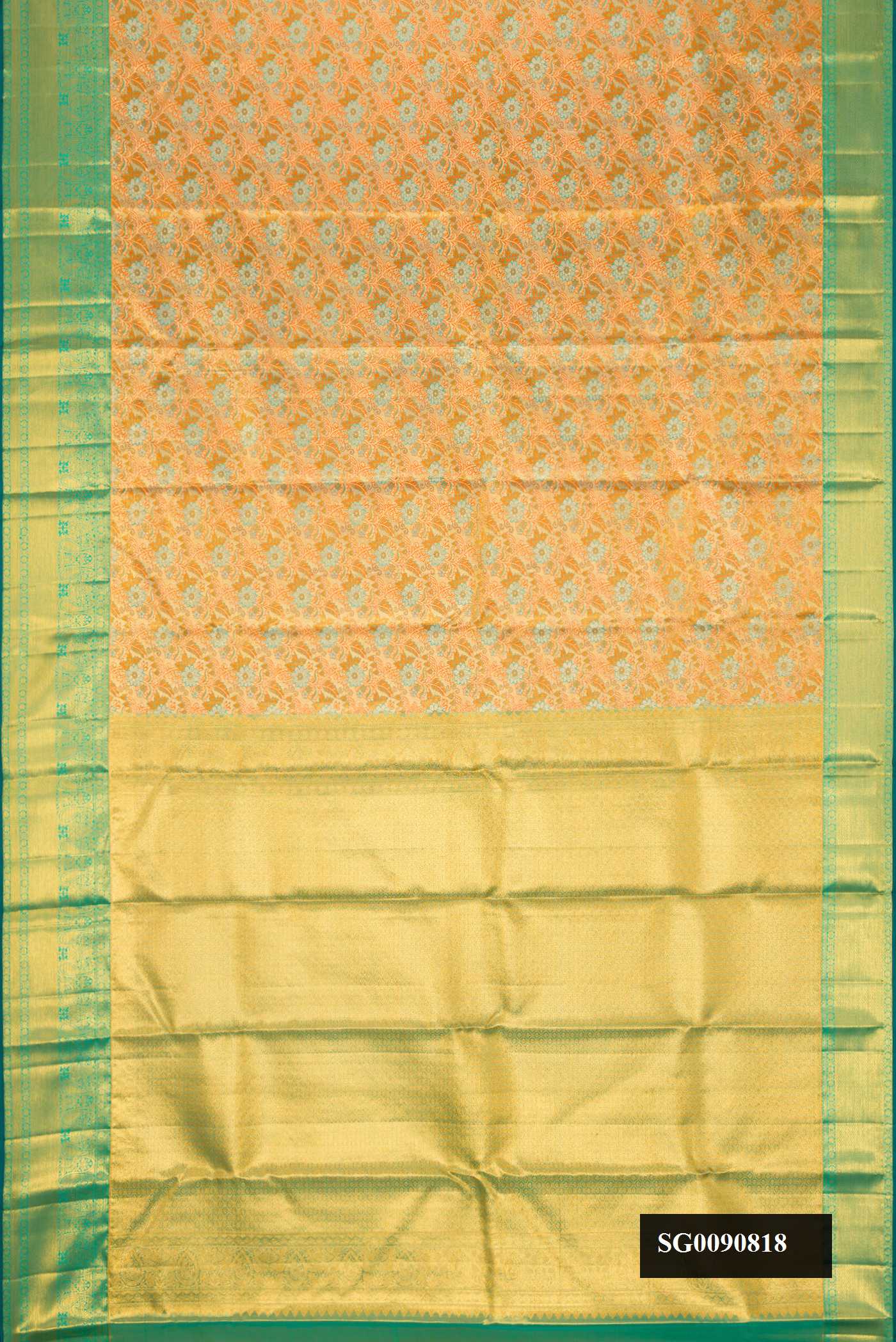 Golden Peach Dual Tone Kanchipuram Tissue Silk Saree with Zari Brocade on the body and Zari Border.  displayed on a mannequin