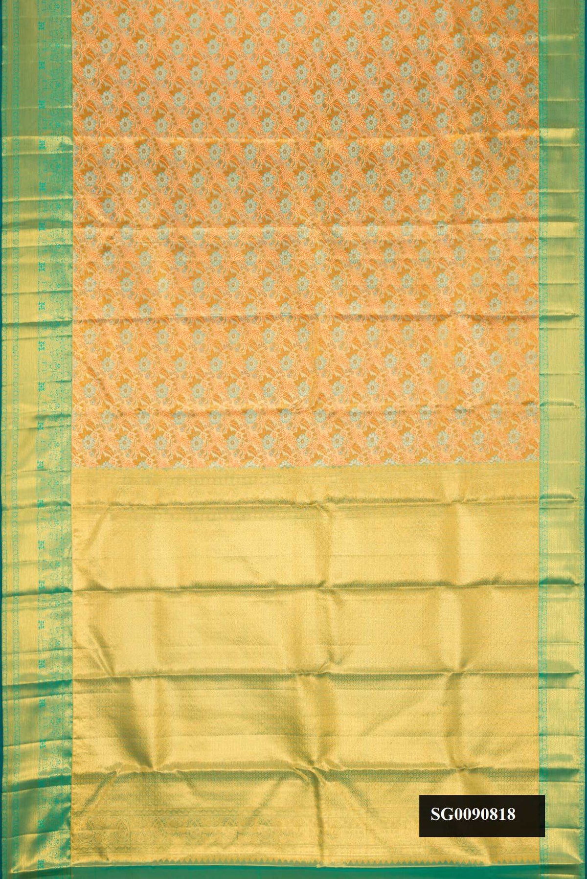Golden Peach Dual Tone Kanchipuram Tissue Silk Saree with Zari Brocade on the body and Zari Border.  displayed on a mannequin