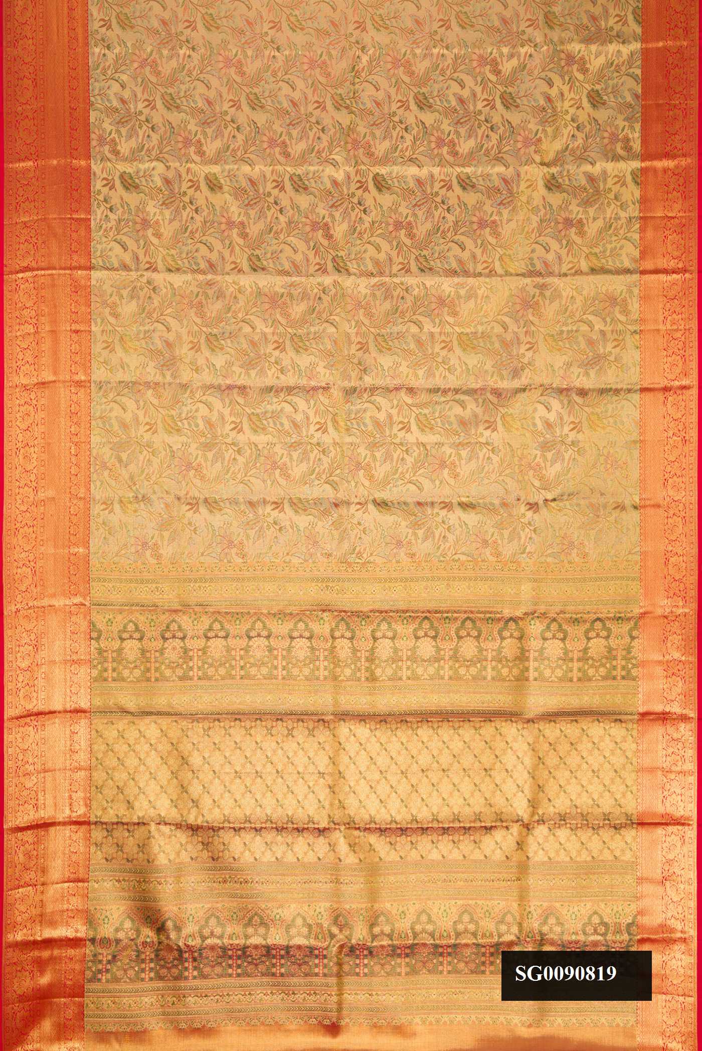 Gold Dual Tone Kanchipuram Tissue Silk Saree with Zari Brocade on the body and Zari Border.  displayed on a mannequin