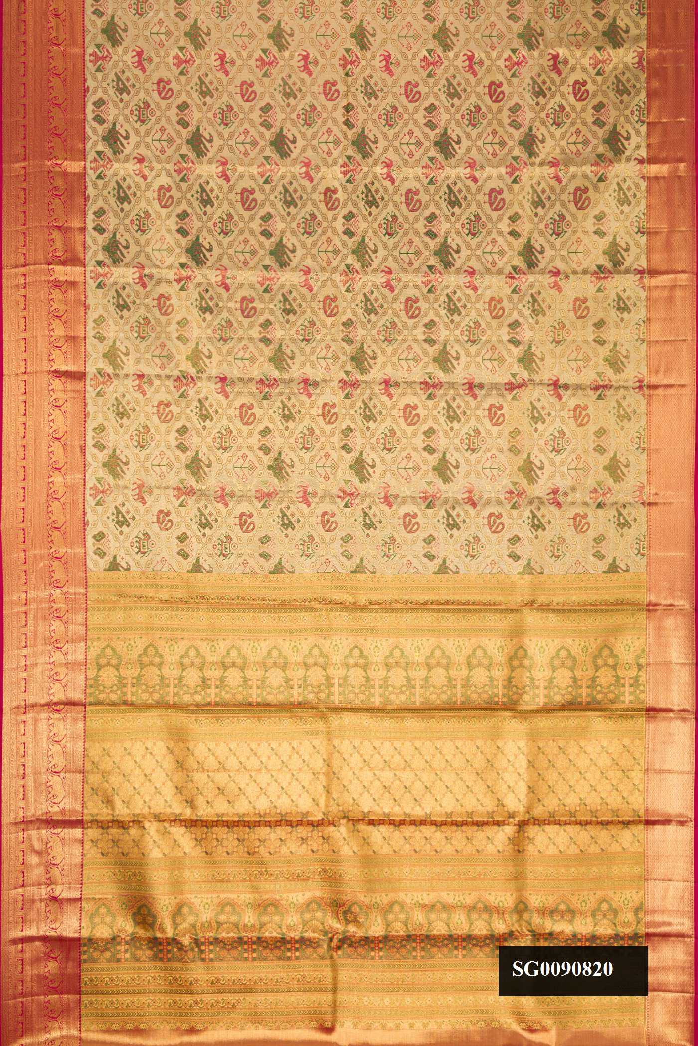 Gold Dual Tone Kanchipuram Tissue Silk Saree with Zari Brocade on the body and Zari Border.  displayed on a mannequin