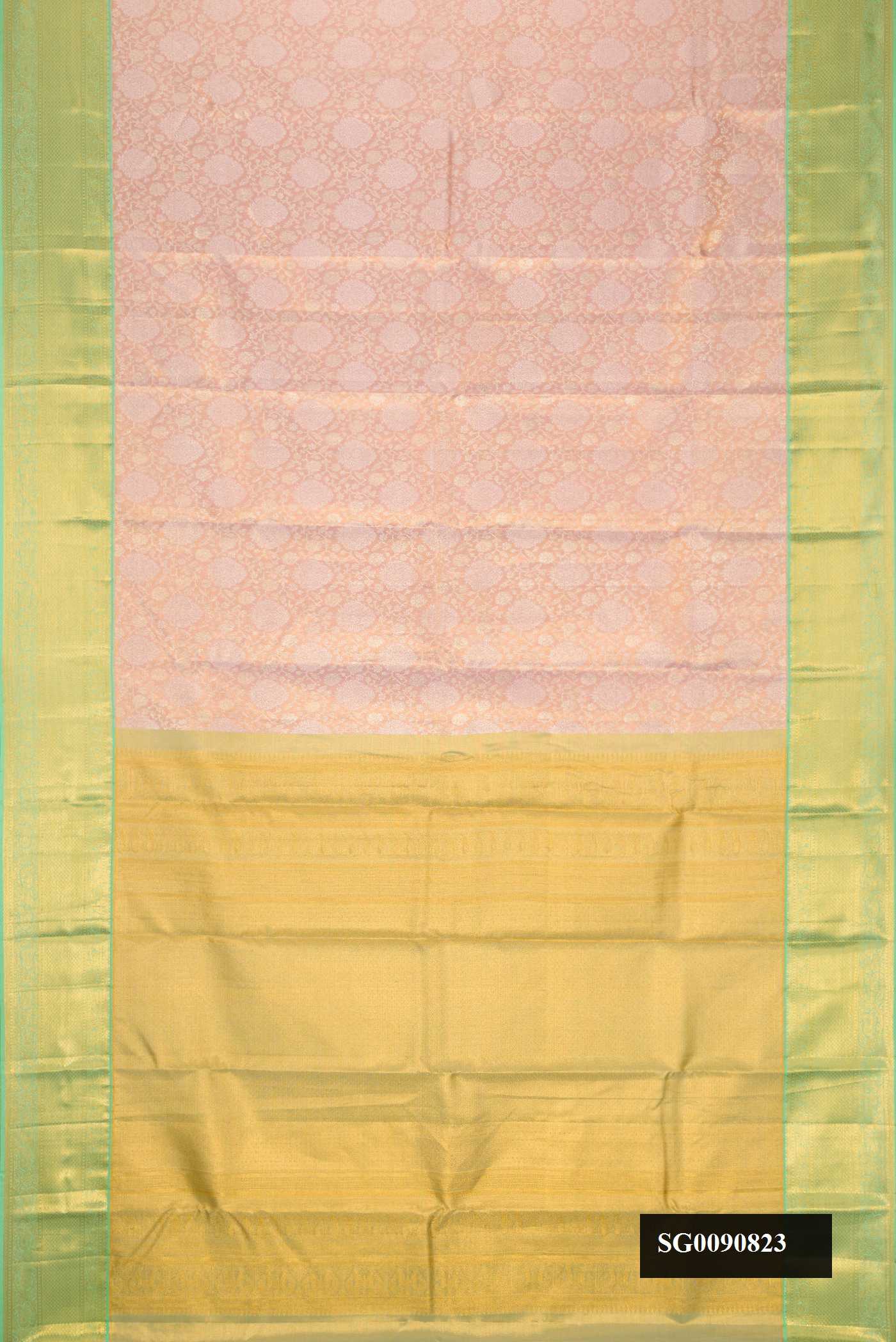 Pink Dual Tone Kanchipuram Tissue Silk Saree with Zari Brocade on the body and Zari Border.  displayed on a mannequin