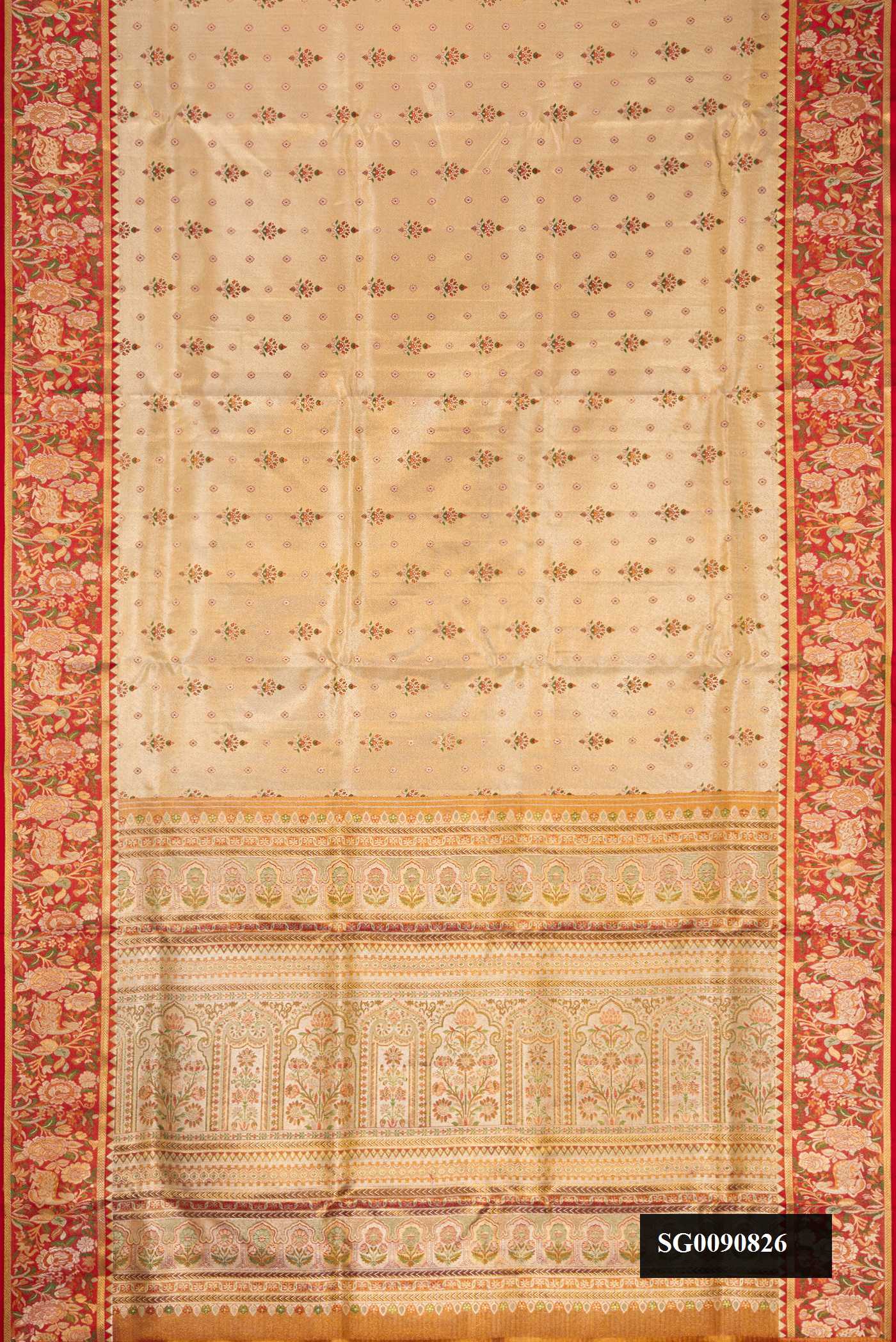 Gold Dual Tone Kanchipuram Tissue Silk Saree with Zari Brocade on the body and Fancy Border.  displayed on a mannequin