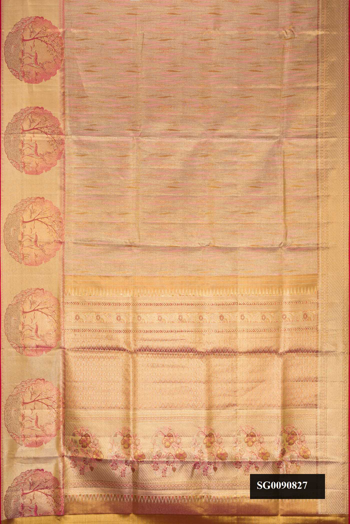Gold Dual Tone Kanchipuram Tissue Silk Saree with Zari Brocade on the body and Fancy Border.  displayed on a mannequin