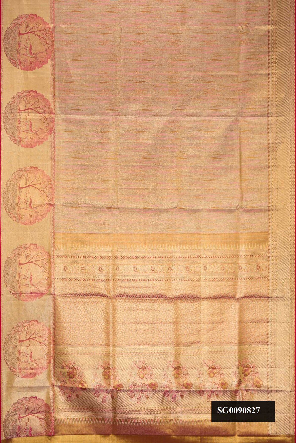 Gold Dual Tone Kanchipuram Tissue Silk Saree with Zari Brocade on the body and Fancy Border.  displayed on a mannequin