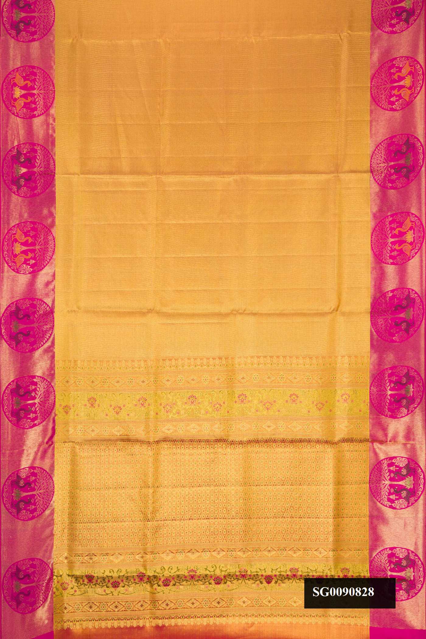 Gold Dual Tone Kanchipuram Tissue Silk Saree with Zari Brocade on the body and Fancy Border.  displayed on a mannequin
