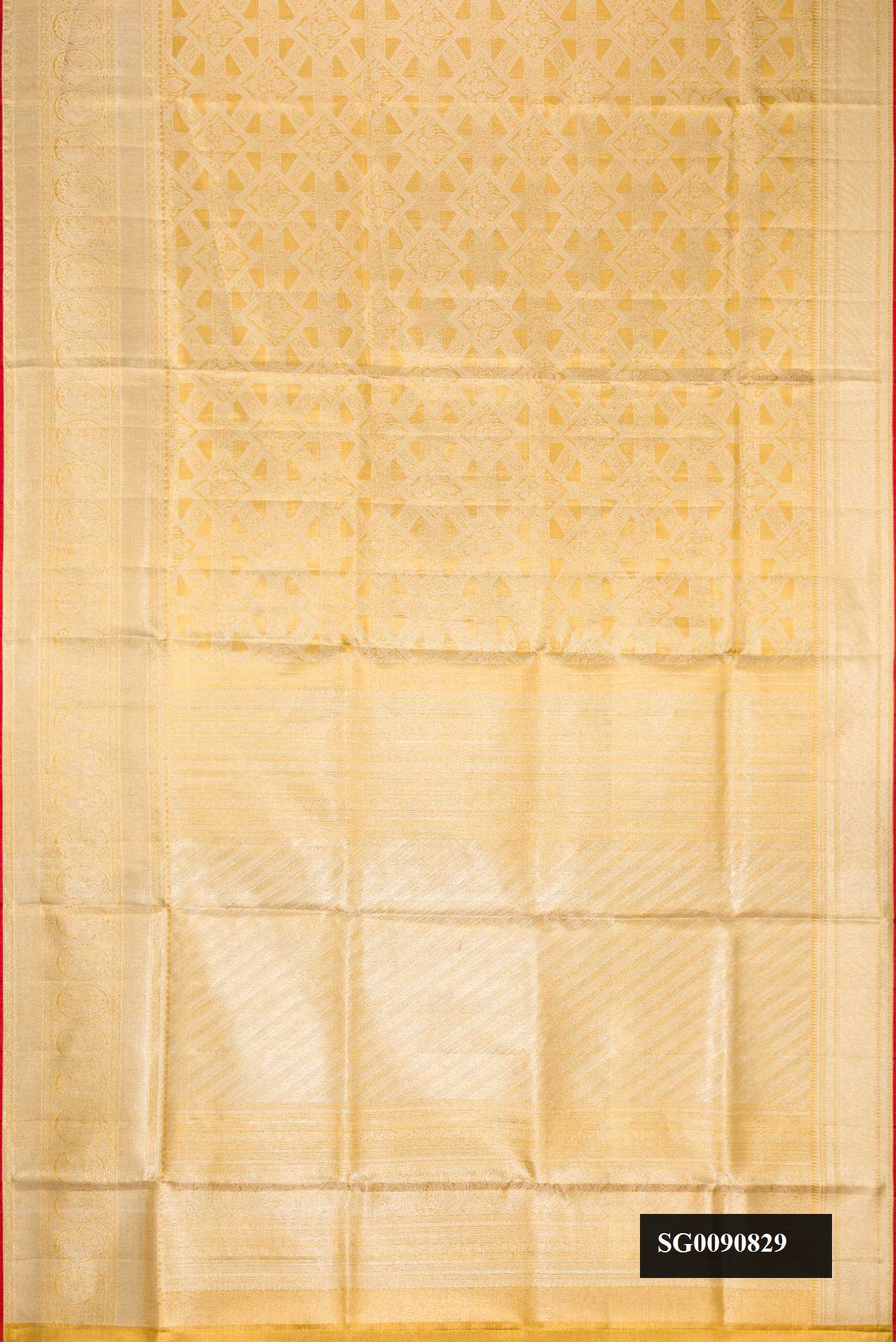 Gold Dual Tone Kanchipuram Tissue Silk Saree with Zari Brocade on the body and Zari Border.  displayed on a mannequin