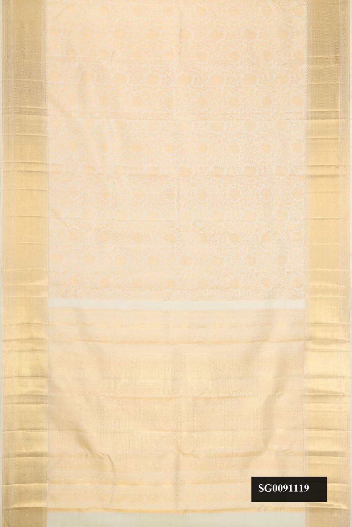 Sandal Dual Tone Kanchipuram Silk Saree with Zari Brocade on the body and Zari Border.  displayed on a mannequin