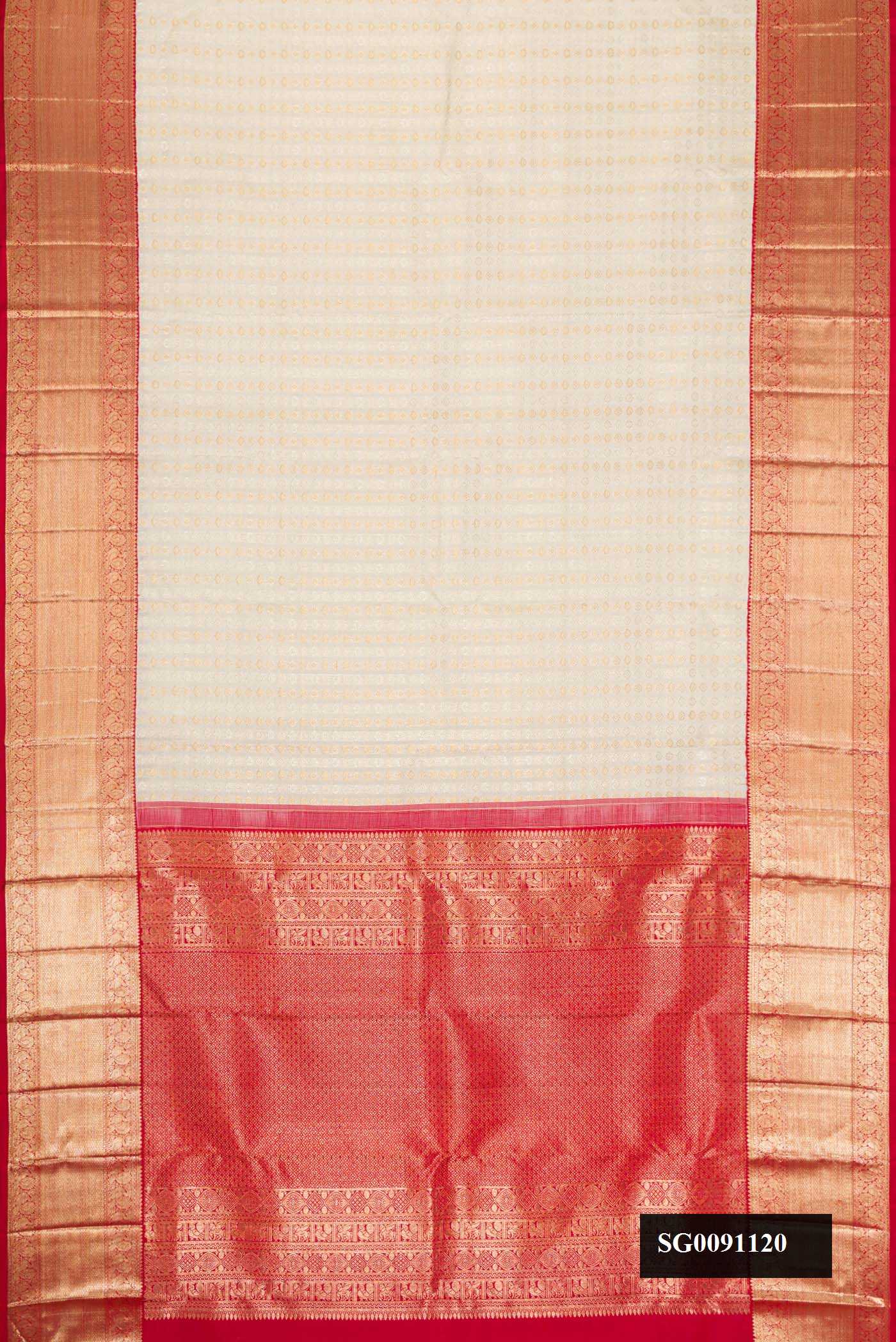 Off White Dual Tone Kanchipuram Silk Saree with Stripes on the body and Zari Border.  displayed on a mannequin
