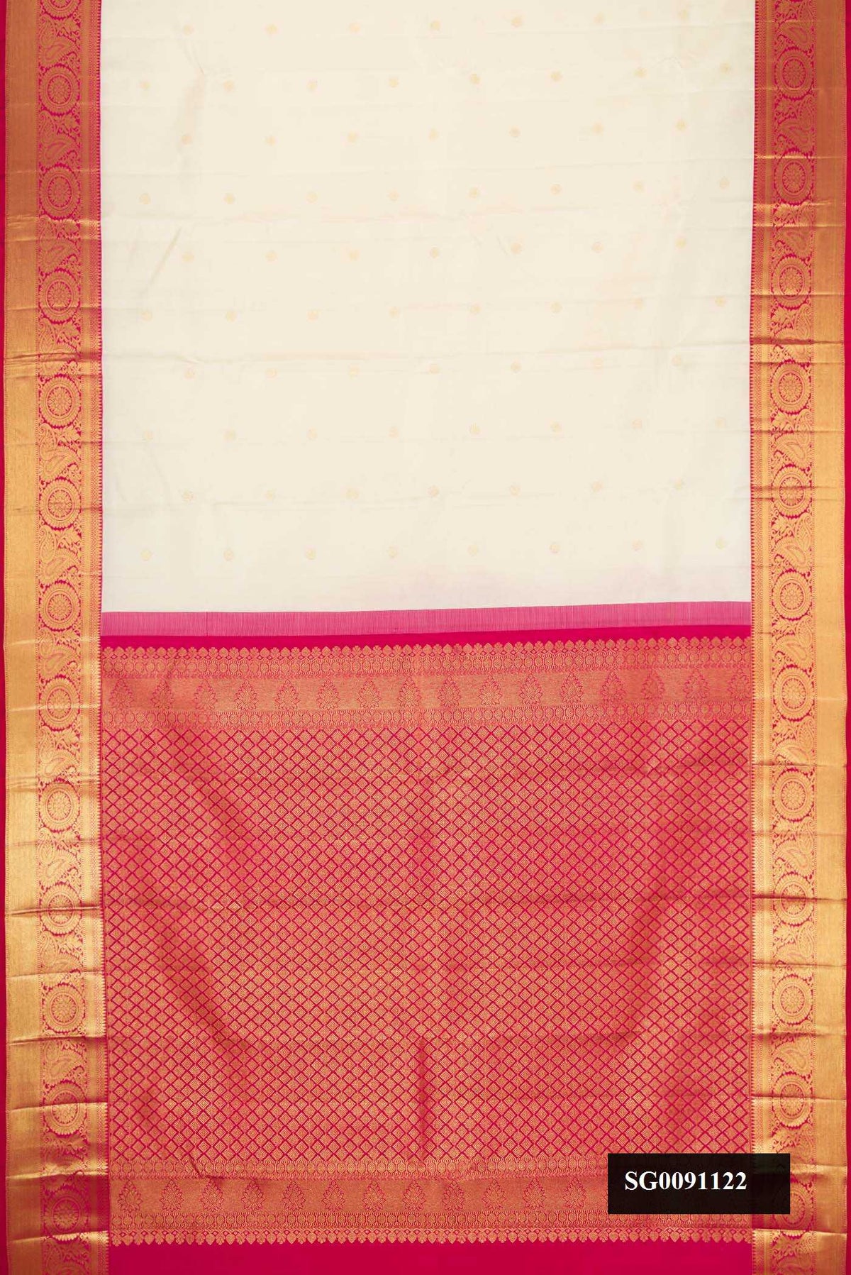 Sandal Dual Tone Kanchipuram Silk Saree with Zari Butta on the body and Zari Border.  displayed on a mannequin