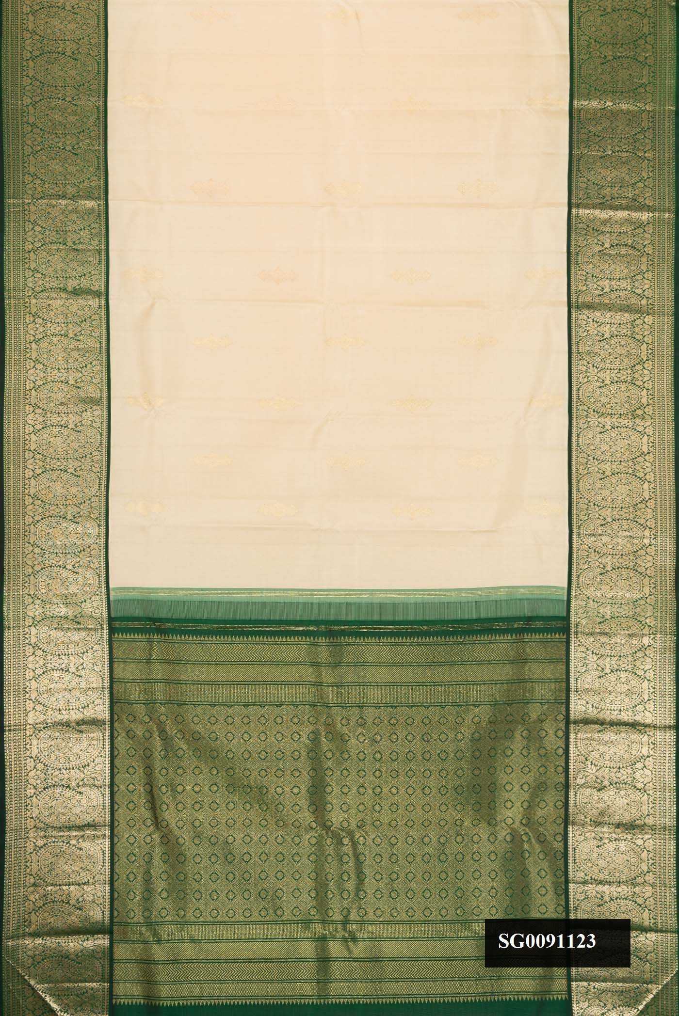 Sandal Dual Tone Kanchipuram Silk Saree with Zari Butta on the body and Zari Border.  displayed on a mannequin