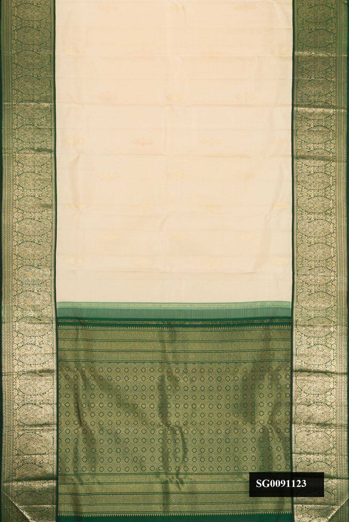 Sandal Dual Tone Kanchipuram Silk Saree with Zari Butta on the body and Zari Border.  displayed on a mannequin