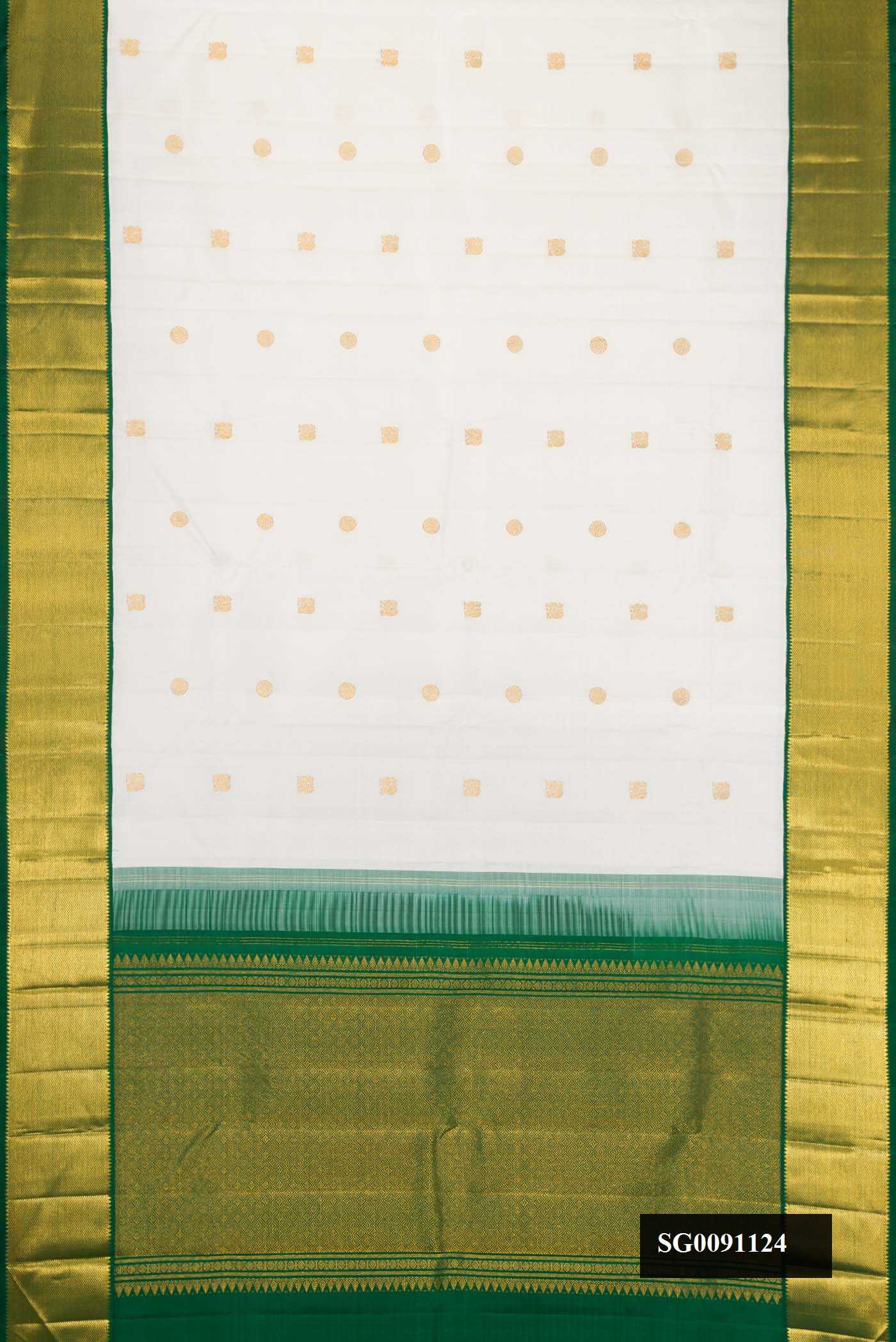 White Dual Tone Kanchipuram Silk Saree with Zari Butta on the body and Zari Border.  displayed on a mannequin