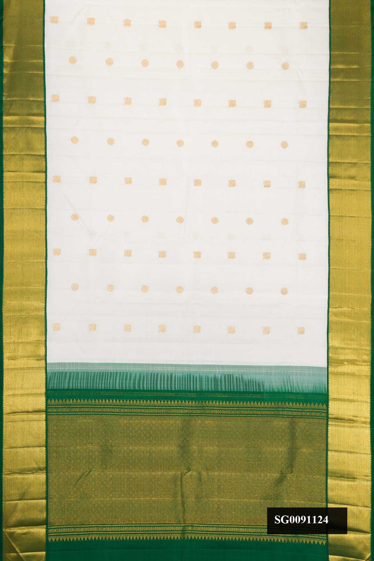 White Dual Tone Kanchipuram Silk Saree with Zari Butta on the body and Zari Border.  displayed on a mannequin