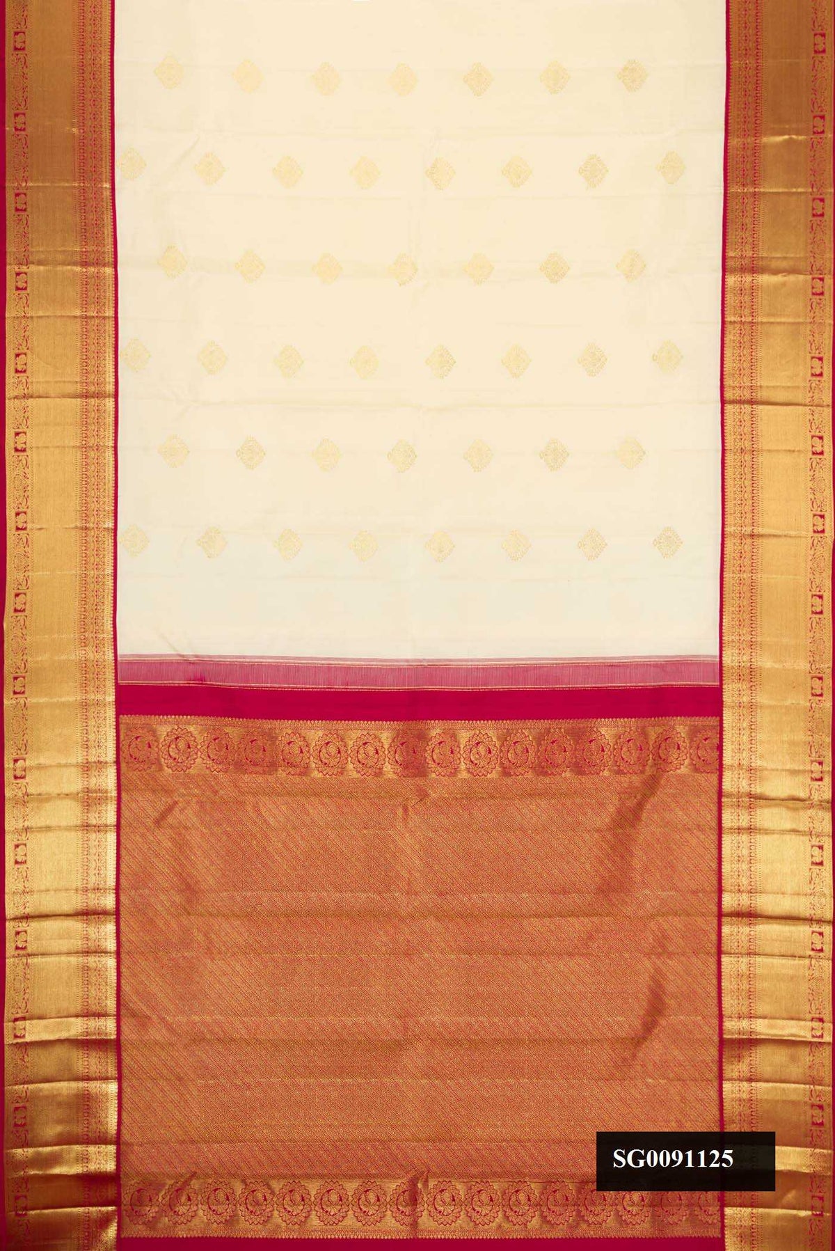 Sandal Dual Tone Kanchipuram Silk Saree with Zari Butta on the body and Zari Border.  displayed on a mannequin