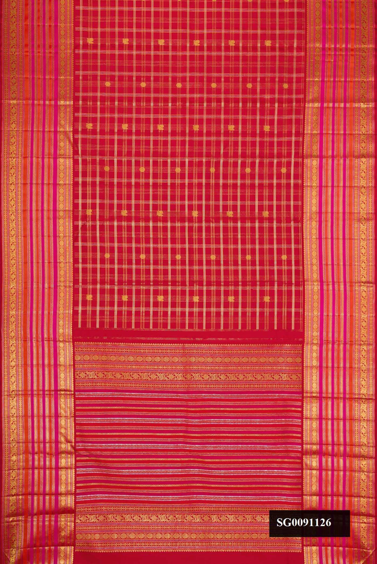 Red Dual Tone Kanchipuram Silk Saree with Checked design on the body and Zari Border.  displayed on a mannequin