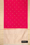 Dark Pink Dual Tone Kanchipuram Silk Saree with Zari Butta on the body and Zari Border.  displayed on a mannequin