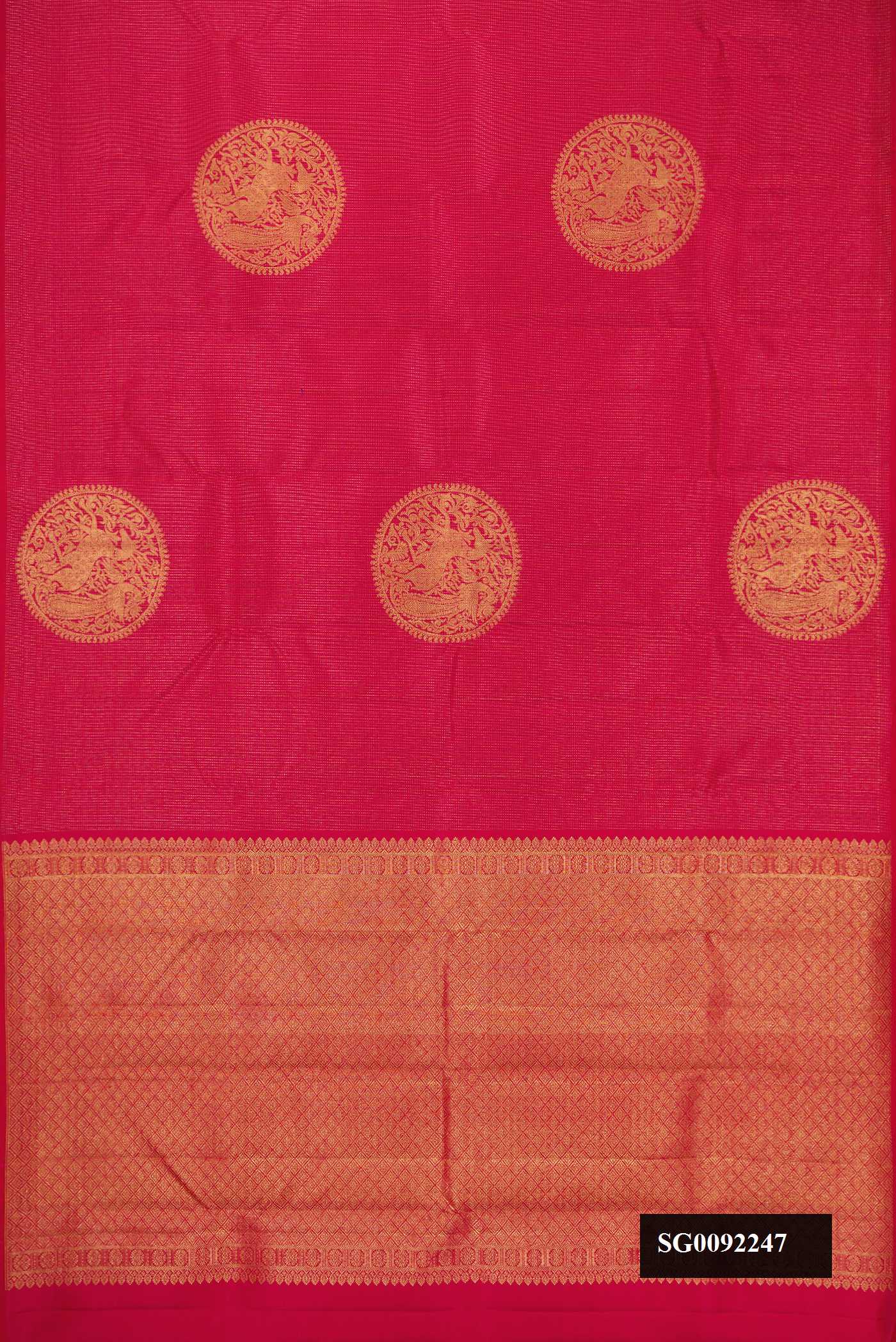 Dark Pink Dual Tone Kanchipuram Silk Saree with Stripes on the body and Without Border.  displayed on a mannequin