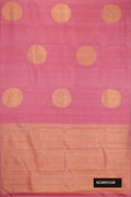 Rose Gold Dual Tone Kanchipuram Silk Saree with Zari Butta on the body and Without Border.  displayed on a mannequin