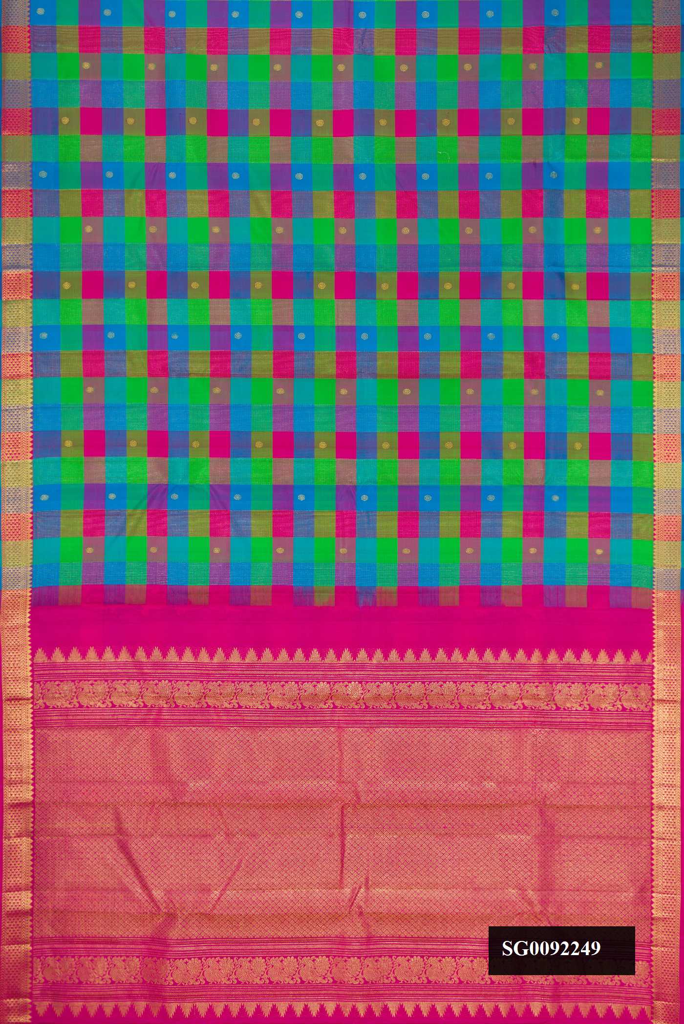 Multi Dual Tone Kanchipuram Silk Saree with Checked design on the body and Zari Border.  displayed on a mannequin