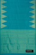 Peacock Blue Dual Tone Kanchipuram Silk Saree with Plain Body and Temple Border.  displayed on a mannequin