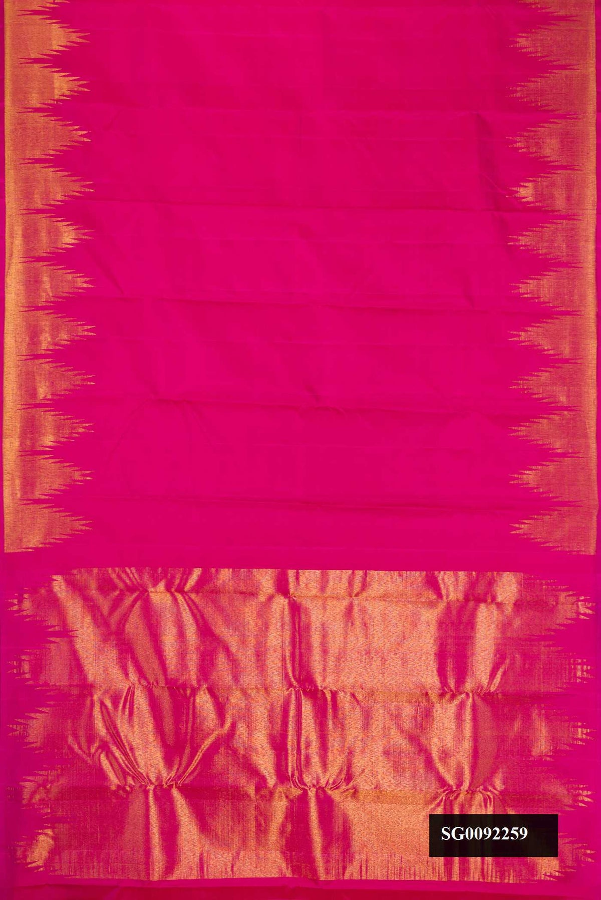 Pink Dual Tone Kanchipuram Silk Saree with Plain Body and Temple Border.  displayed on a mannequin