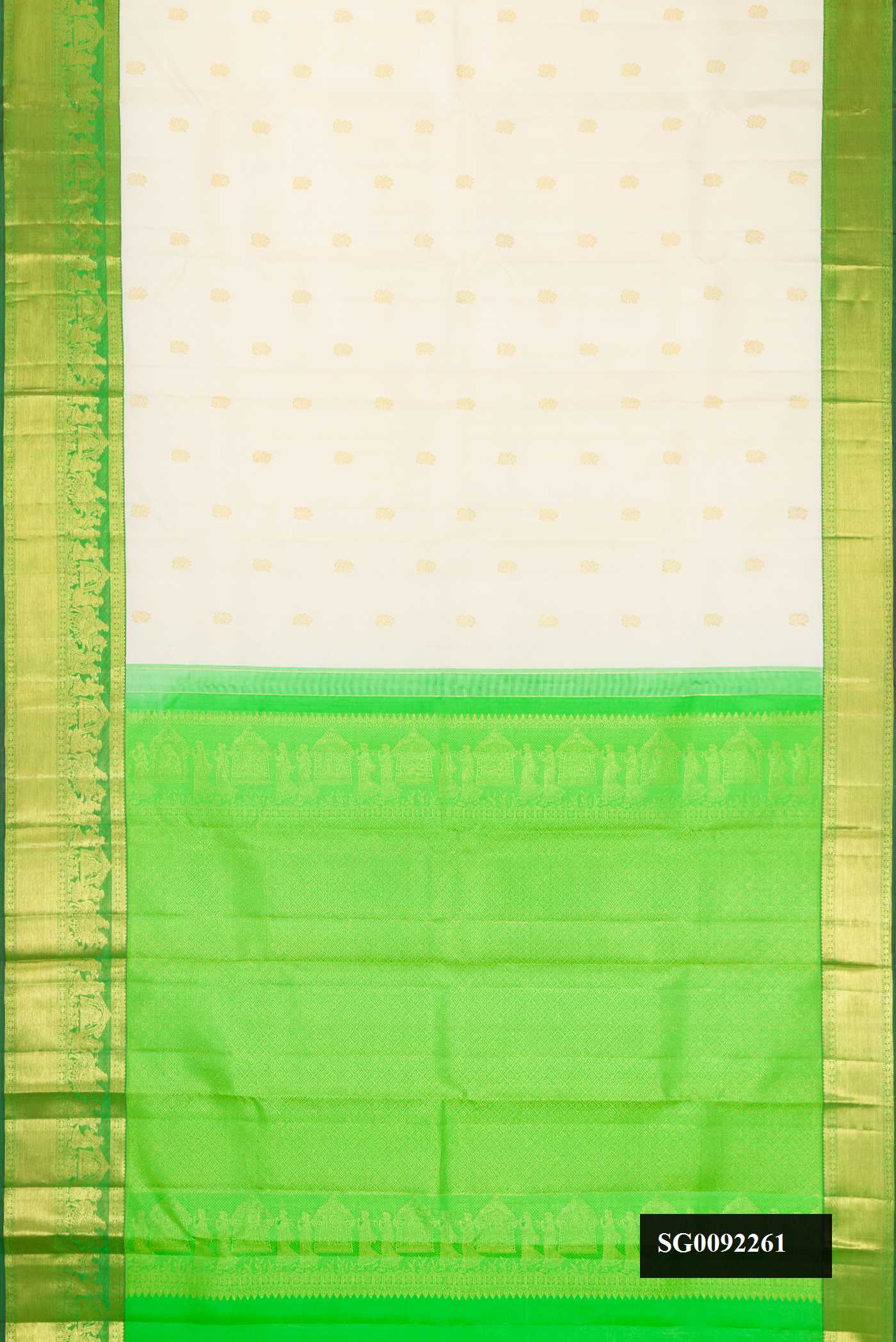 Off White Dual Tone Kanchipuram Silk Saree with Zari Butta on the body and Zari Border.  displayed on a mannequin