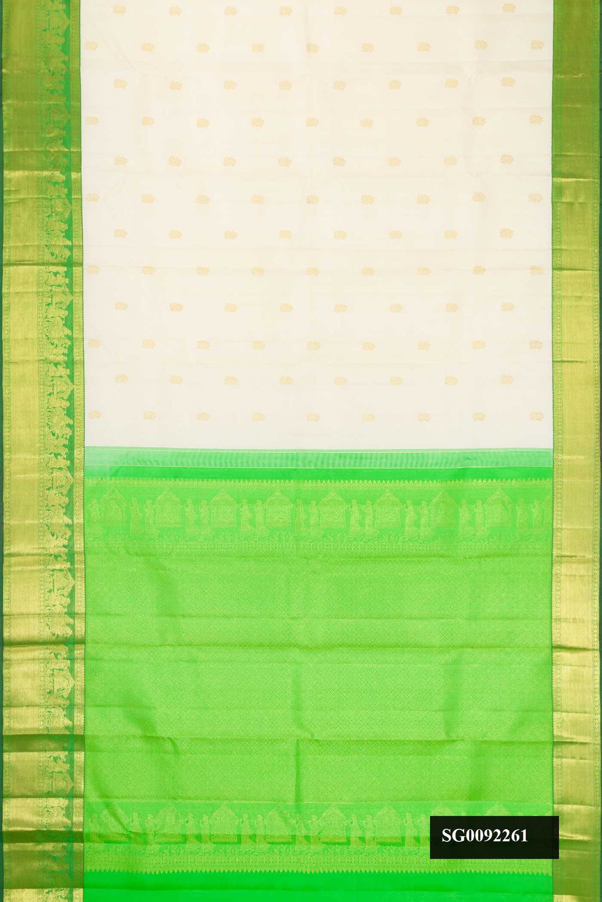 Off White Dual Tone Kanchipuram Silk Saree with Zari Butta on the body and Zari Border.  displayed on a mannequin