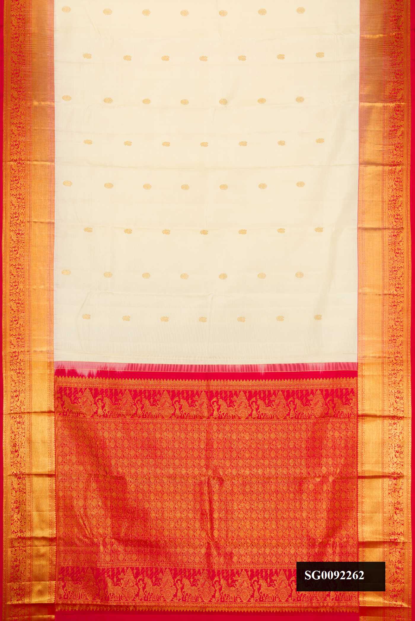 Off White Dual Tone Kanchipuram Silk Saree with Zari Butta on the body and Zari Border.  displayed on a mannequin