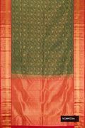Bottle Green Dual Tone Kanchipuram Silk Saree with Zari Brocade on the body and Zari Border.  displayed on a mannequin