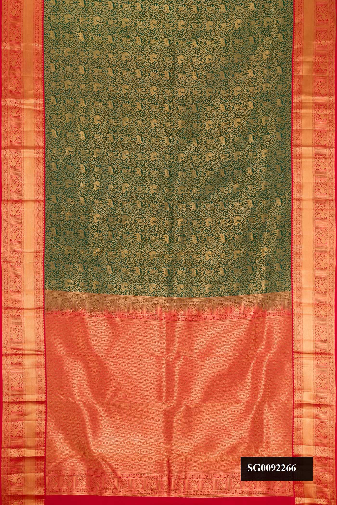 Bottle Green Dual Tone Kanchipuram Silk Saree with Zari Brocade on the body and Zari Border.  displayed on a mannequin