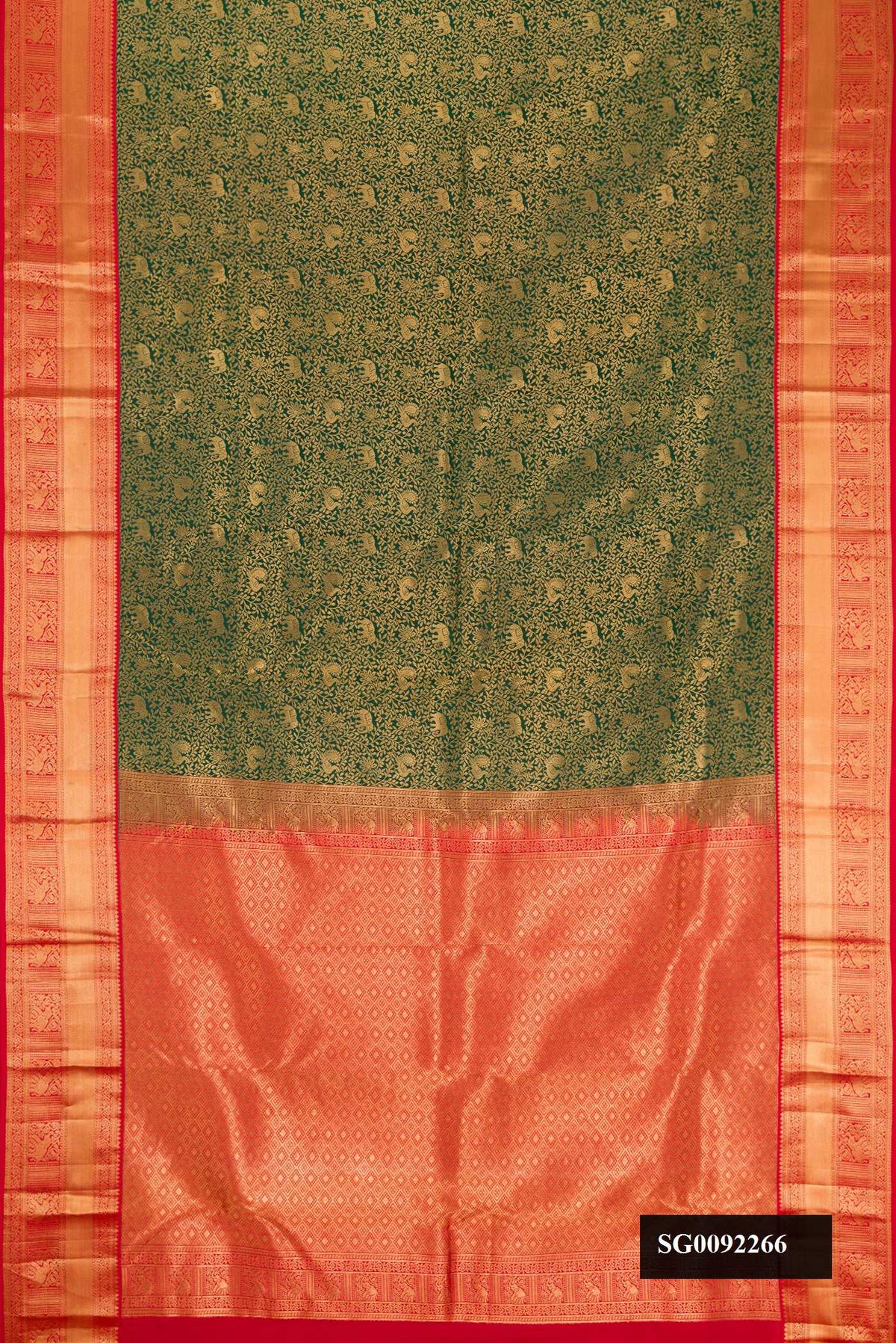 Bottle Green Dual Tone Kanchipuram Silk Saree with Zari Brocade on the body and Zari Border.  displayed on a mannequin