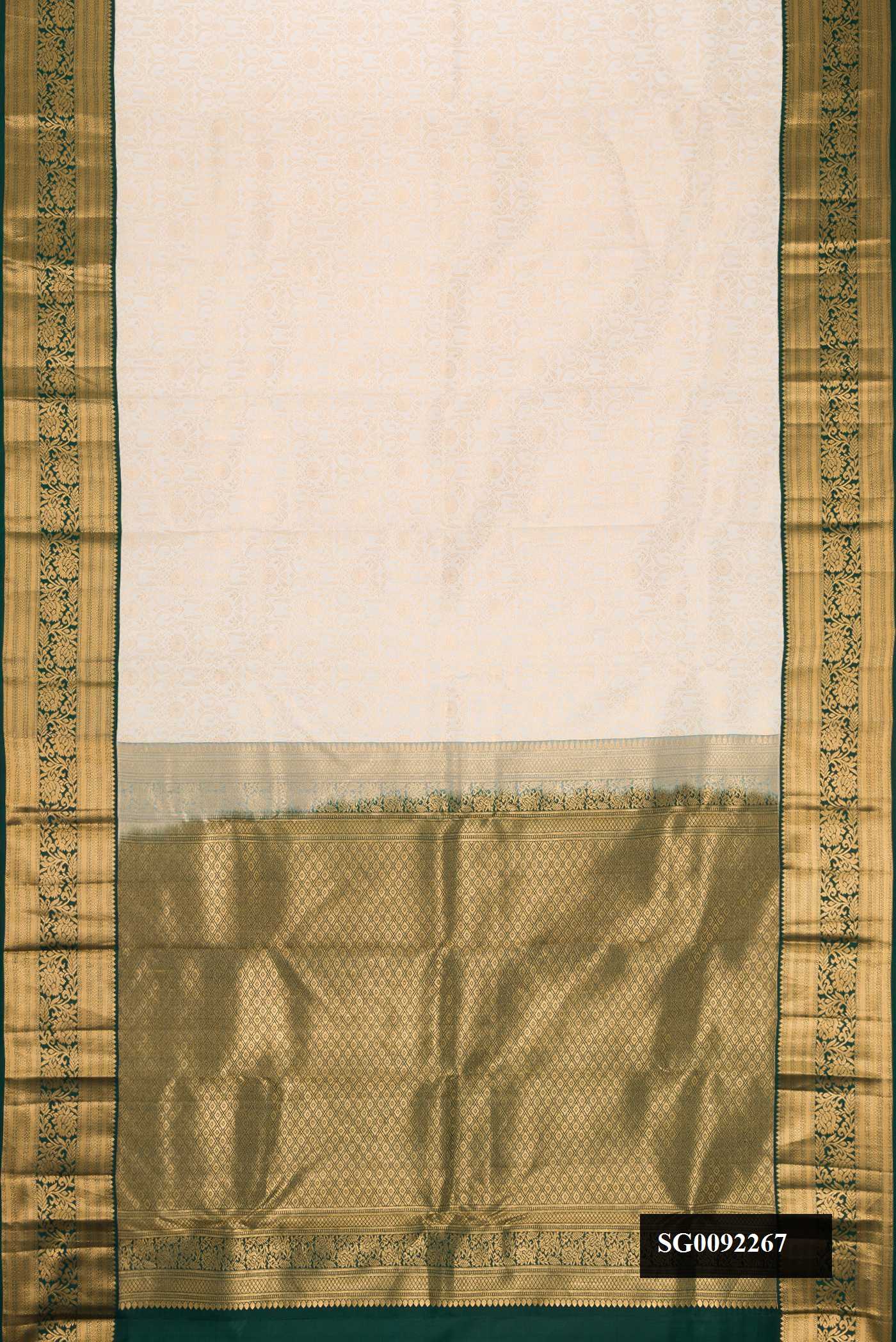 Off White Dual Tone Kanchipuram Silk Saree with Zari Brocade on the body and Zari Border.  displayed on a mannequin