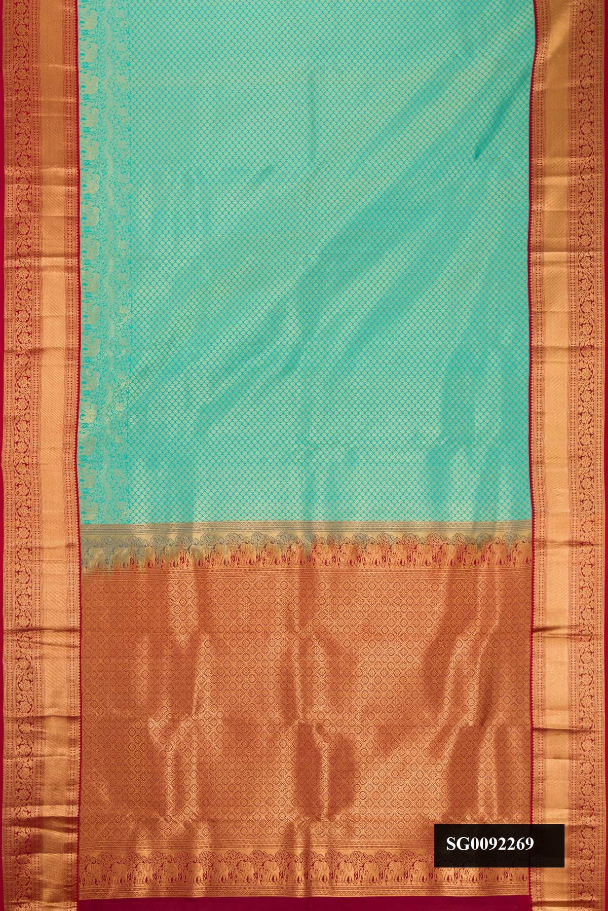 Light Blue Dual Tone Kanchipuram Silk Saree with Zari Brocade on the body and Zari Border.  displayed on a mannequin