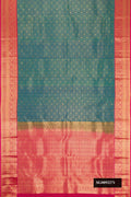 Peacock Blue Dual Tone Kanchipuram Silk Saree with Zari Brocade on the body and Zari Border.  displayed on a mannequin