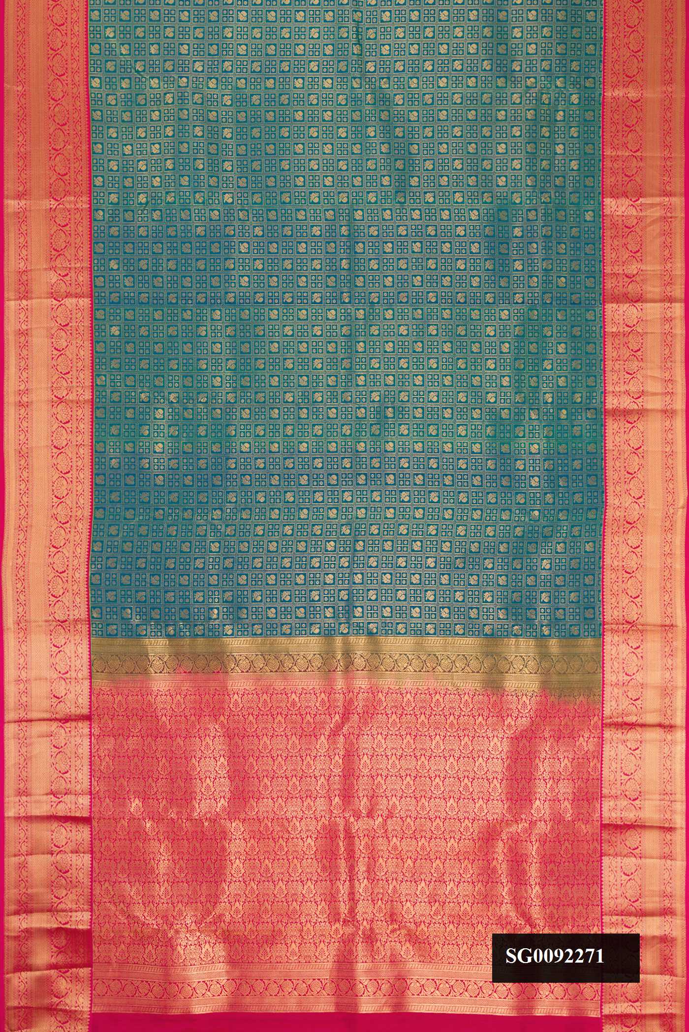 Peacock Blue Dual Tone Kanchipuram Silk Saree with Zari Brocade on the body and Zari Border.  displayed on a mannequin