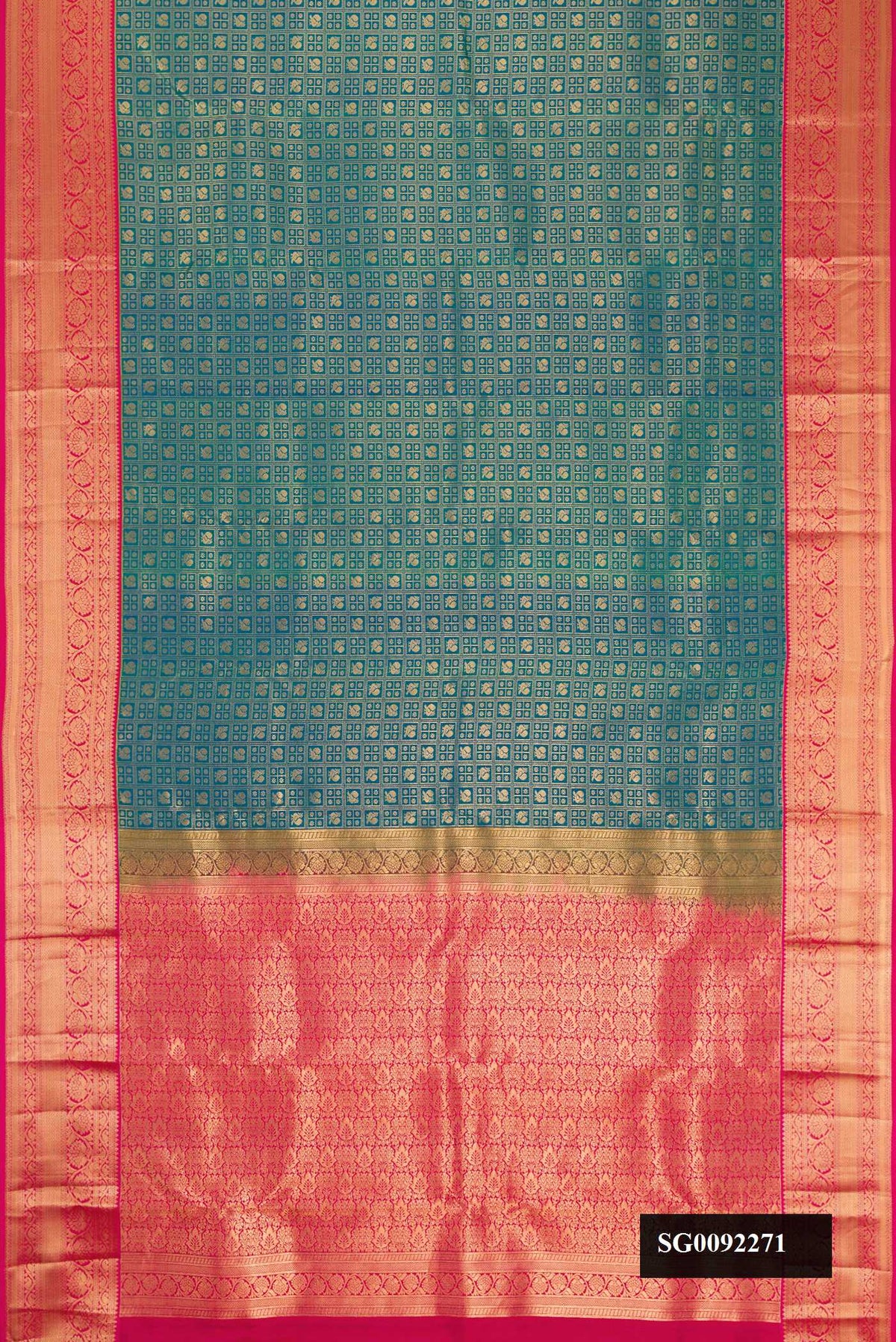 Peacock Blue Dual Tone Kanchipuram Silk Saree with Zari Brocade on the body and Zari Border.  displayed on a mannequin