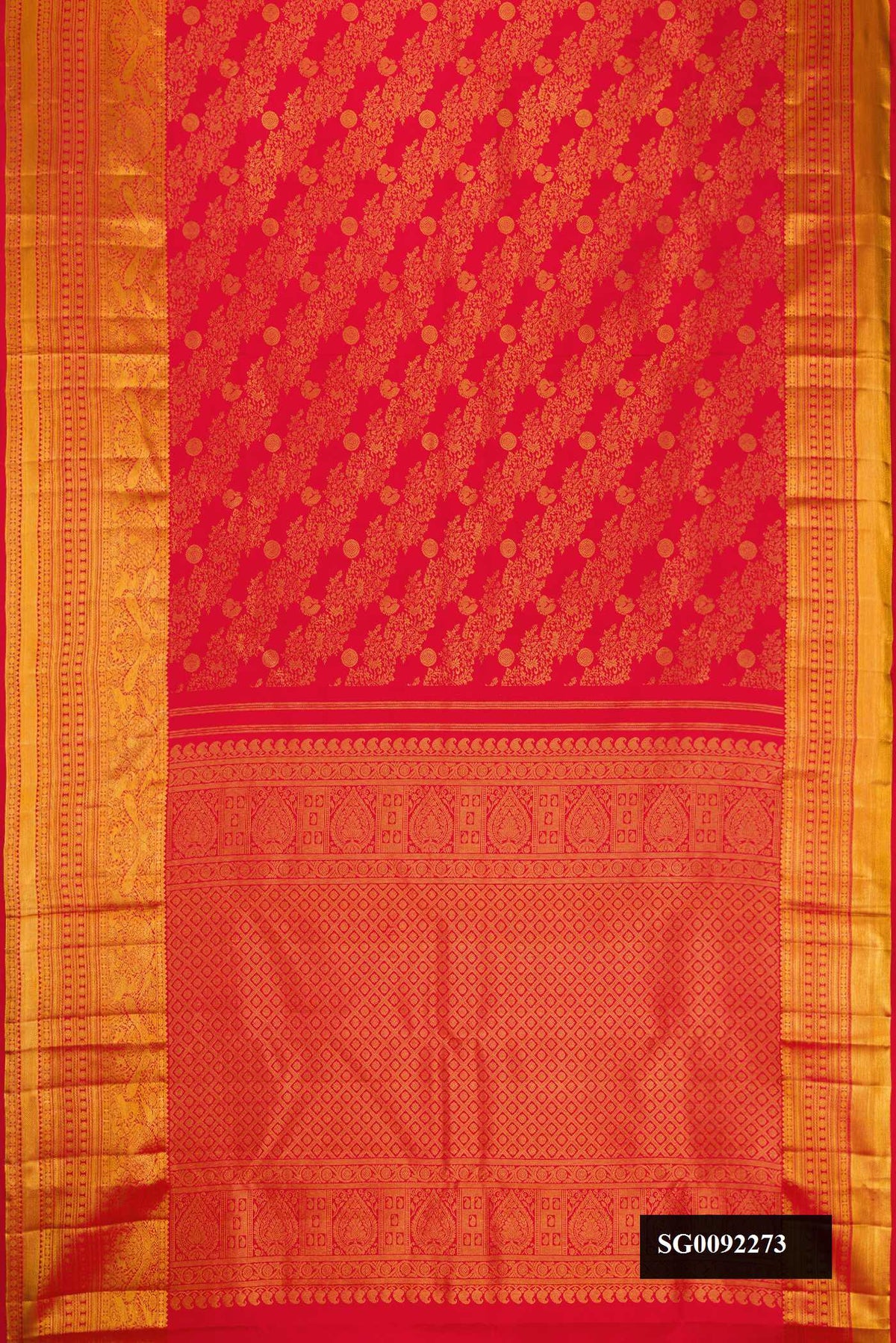 Red Dual Tone Kanchipuram Silk Saree with Zari Brocade on the body and Zari Border.  displayed on a mannequin
