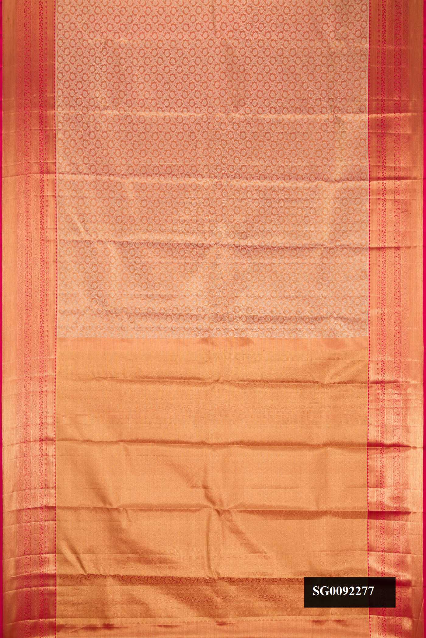 Dark Pink Dual Tone Kanchipuram Tissue Silk Saree with Zari Brocade on the body and Zari Border.  displayed on a mannequin