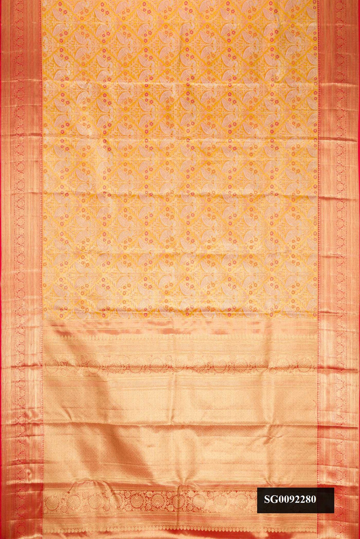 Yellow Dual Tone Kanchipuram Tissue Silk Saree with Zari Brocade on the body and Zari Border.  displayed on a mannequin