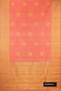 Golden Peach Dual Tone Kanchipuram Silk Saree with Stripes on the body and Zari Border.  displayed on a mannequin