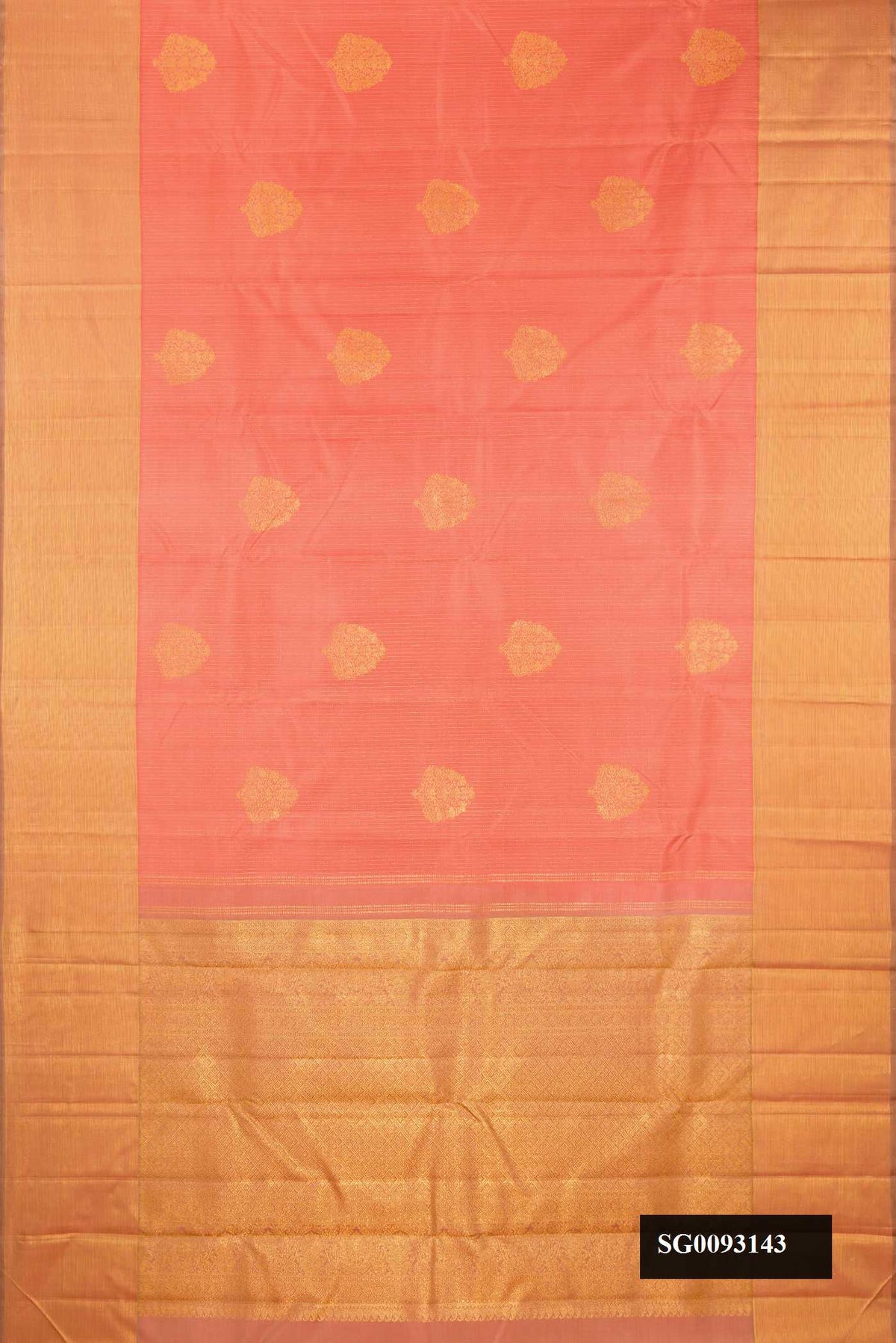 Golden Peach Dual Tone Kanchipuram Silk Saree with Stripes on the body and Zari Border.  displayed on a mannequin
