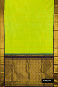 Parrot Green Dual Tone Kanchipuram Silk Saree with Zari Butta on the body and Zari Border.  displayed on a mannequin
