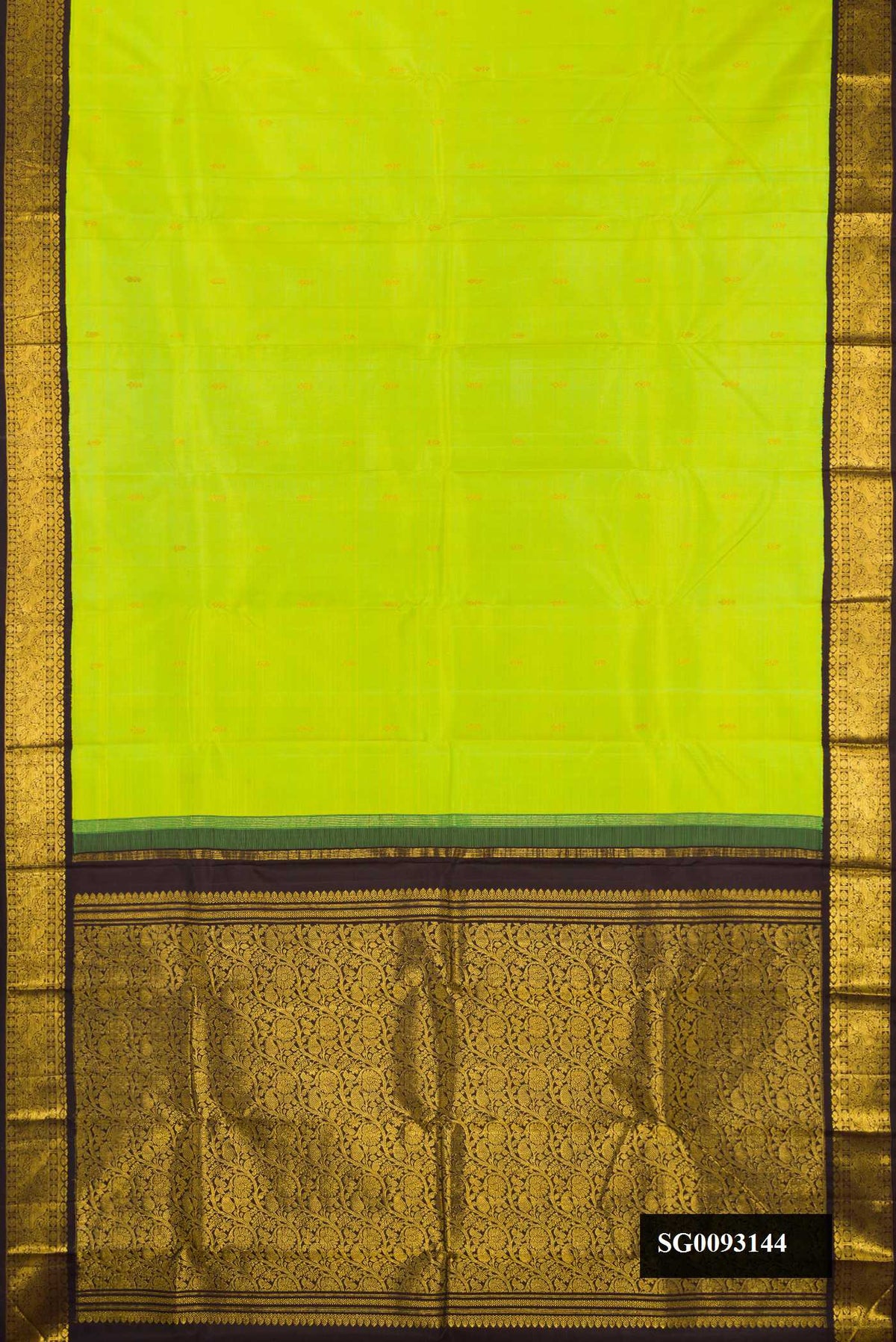 Parrot Green Dual Tone Kanchipuram Silk Saree with Zari Butta on the body and Zari Border.  displayed on a mannequin
