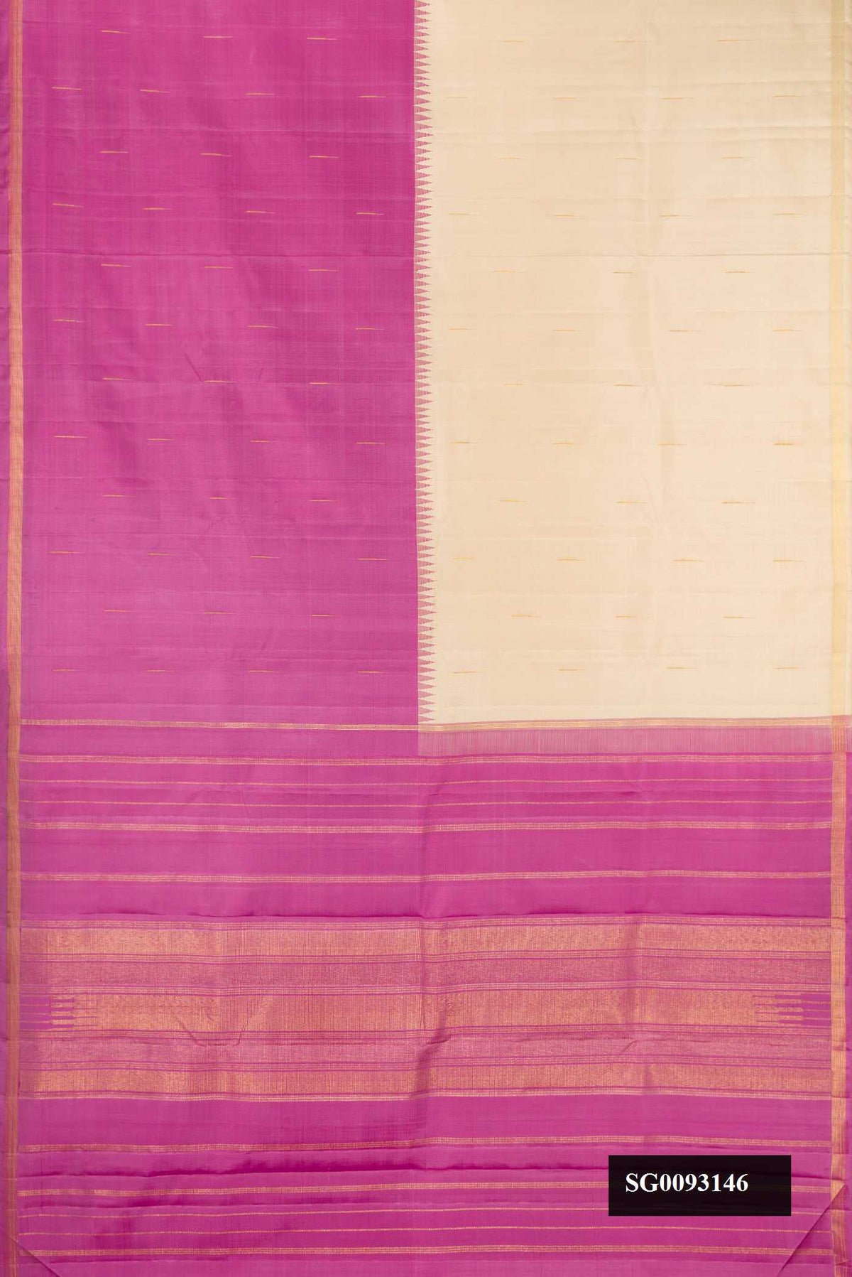 Purple and Beige Dual Tone Kanchipuram Silk Saree with Half And Half on the body and Zari Border.  displayed on a mannequin