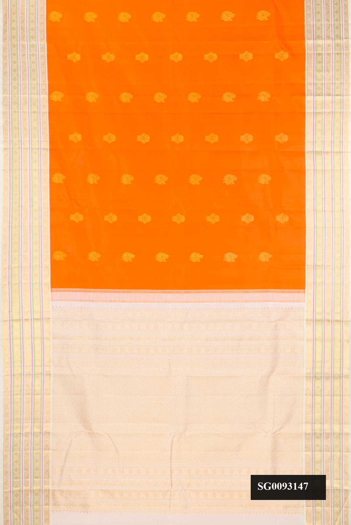 Orange Dual Tone Kanchipuram Silk Saree with Zari Butta on the body and Zari Border.  displayed on a mannequin