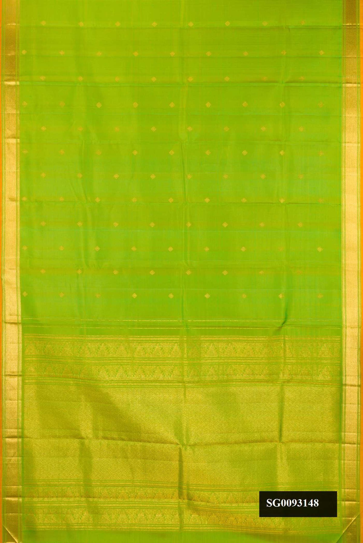 Parrot Green Dual Tone Kanchipuram Silk Saree with Zari Butta on the body and Zari Border.  displayed on a mannequin