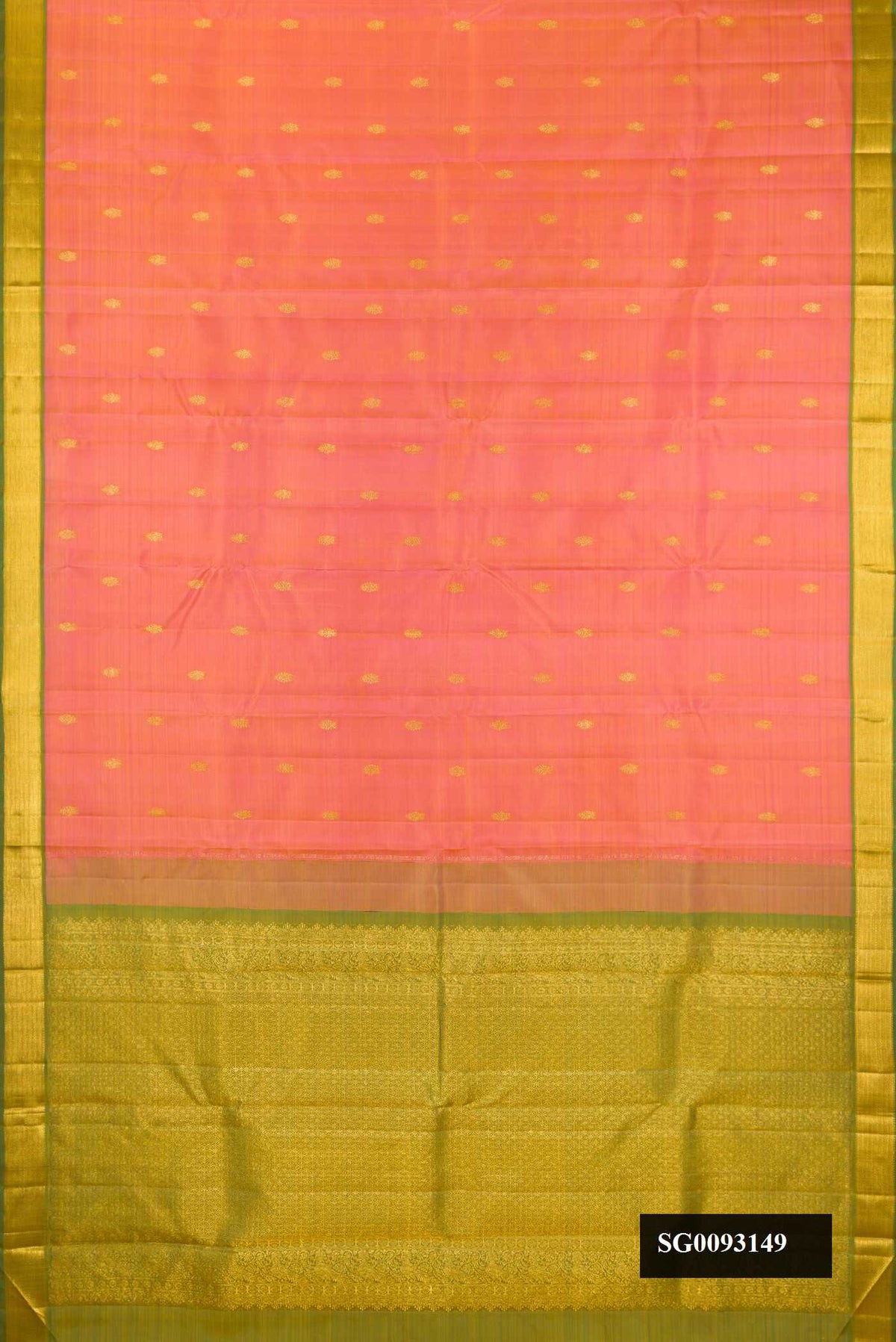 Peach Dual Tone Kanchipuram Silk Saree with Zari Butta on the body and Zari Border.  displayed on a mannequin