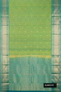Light Green Dual Tone Kanchipuram Silk Saree with Checked design on the body and Zari Border.  displayed on a mannequin