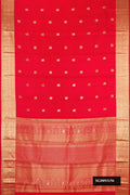 Red Dual Tone Kanchipuram Silk Saree with Zari Butta on the body and Zari Border.  displayed on a mannequin